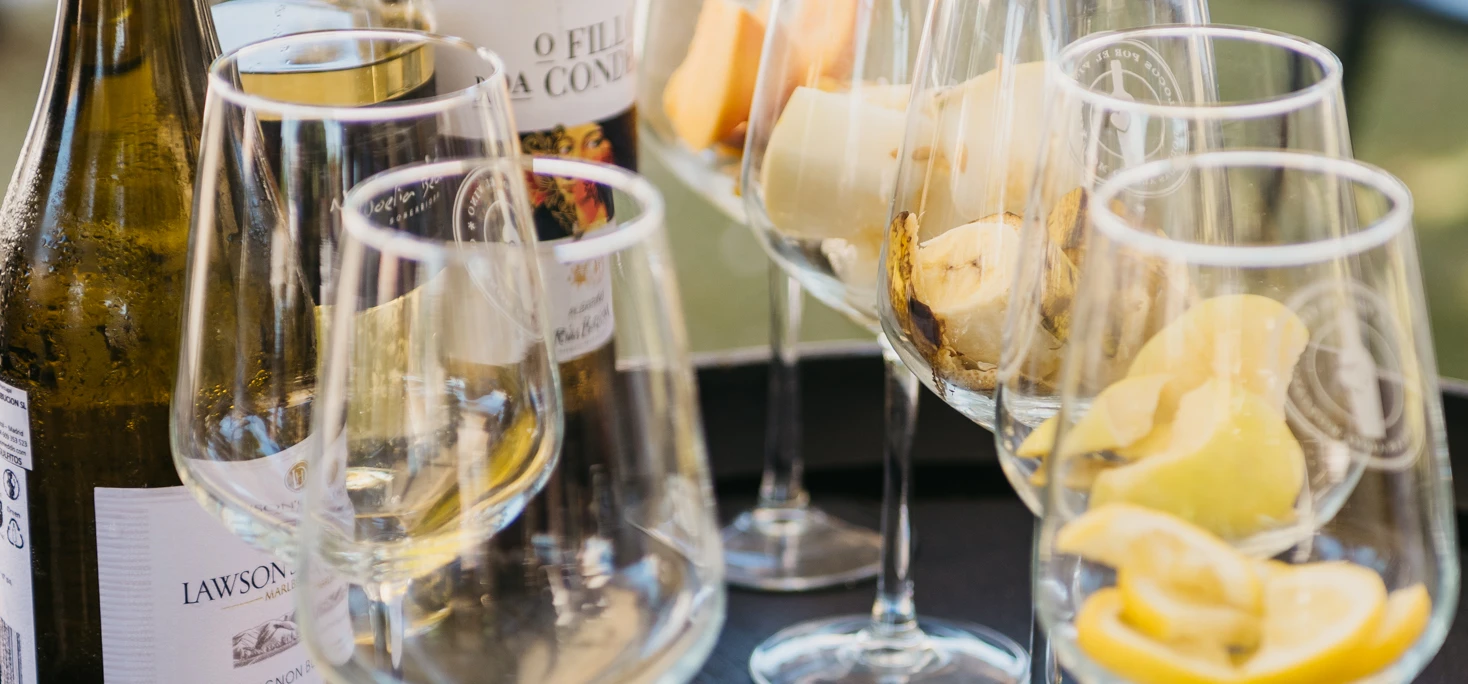 Copas de vino blanco y frutas frescas en la cata Frutas y Vino de Wine Not? en La Barrosa
